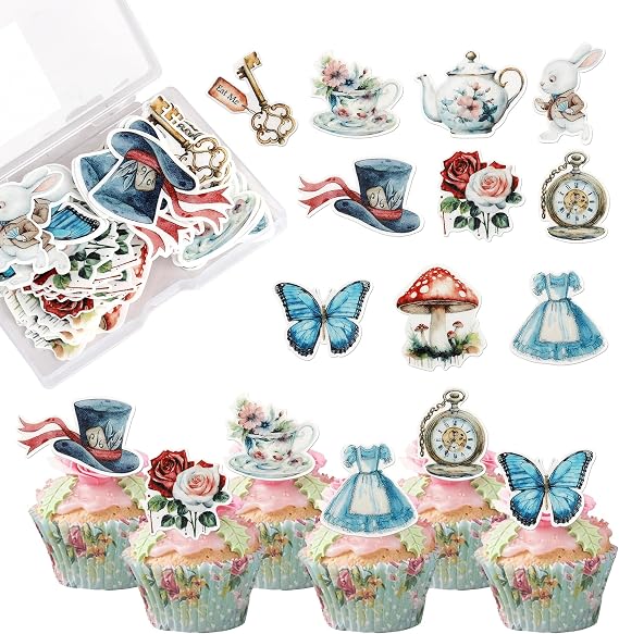 Rsstarxi 60 Pack Wonderland Theme Edible Cupcake Toppers Time Key Mad Hatter Cupcake Picks Mr. Rabbit Tea Party Cupcake Decorations for Alice Theme Baby Shower Birthday Party Cake Decorations
