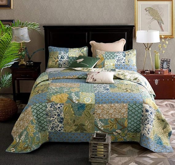 Qucover Quilted Bedspreads Double 100% Cotton Real Patchwork Quilts Green