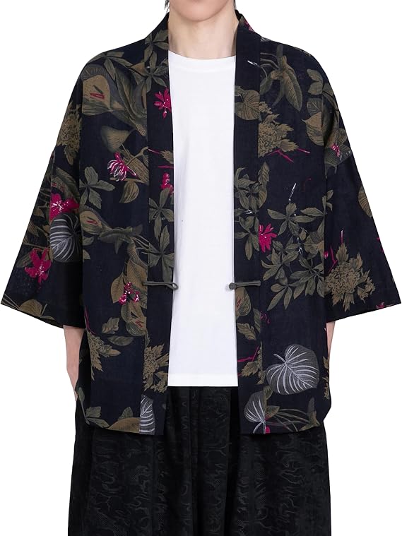 Men's Japanese Kimono Jacket Cotton Kimono Cardigan Print Linen Yukata Coat