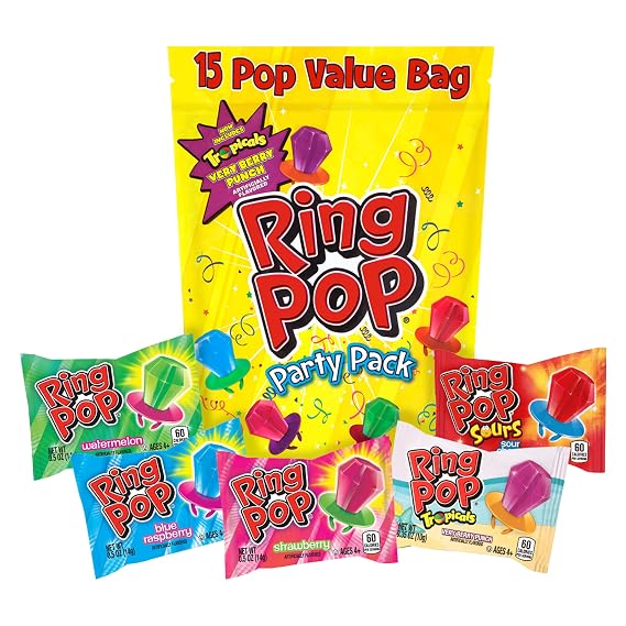 Ring Pop Individually Wrapped Bulk Lollipop Variety Party Pack Suckers w Assorted Flavors Fun Candy for Birthdays and Celebrations, Original, 15 Count