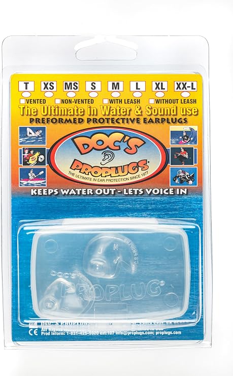 Small Vented Docs Proplugs Clear Non-LEASHED Reusable Earplugs for Surfing, Swimming, Diving & Water Sports | Blocks Cold Water & Wind | Helps Equalize Pressure | Made in USA
