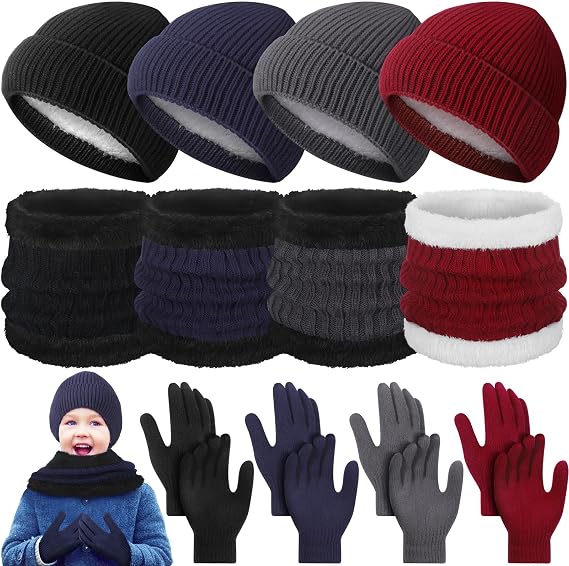 Geyoga 12 Pcs Kids Knitted Winter Hat Gloves Scarf Set for 5-8