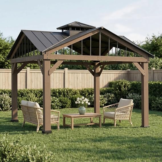 SUNJOY 12 x 12 ft. Hardtop Gazebo 2-Tier Wooden Cedar Frame Outdoor Gazebo with Ceiling Hook for Patio, Backyard, and Garden, Brown