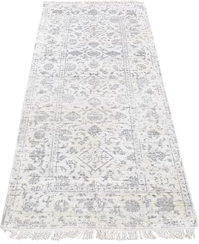 Ivory Erased Fish Mahi Pattern Wool-Silk Hand Knotted Runner Oriental Rug (2'6"x6')
