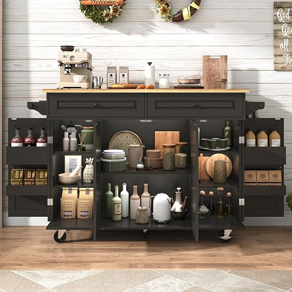 Gitua 55" W Rolling Kitchen Island with Drop Leaf Movable Kitchen Carts on Wheels Island with Storage Cabinet, Island Table for Kitchen with Rubber Wood Top and Rack and Drawer, Matte, Black