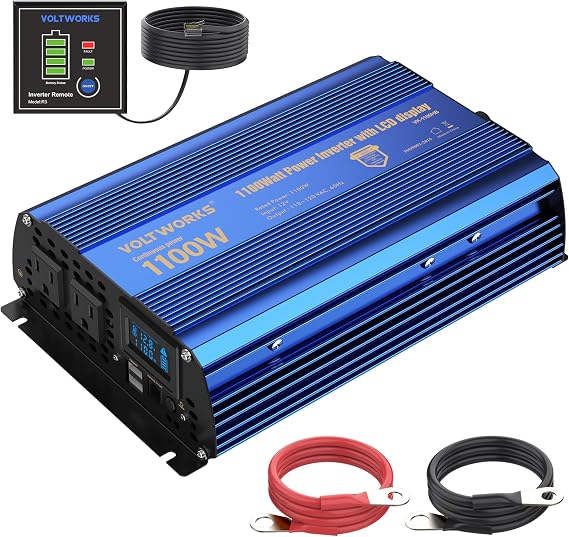 Power Inverter 1100 watt 12V DC to 110V 120V AC 1000w Inverter | LCD Display Remote Control 2AC Outlets Dual 2.4A USB Ports Compatible with Lithium Battery for Car RV Truck Boat by VOLTWORKS