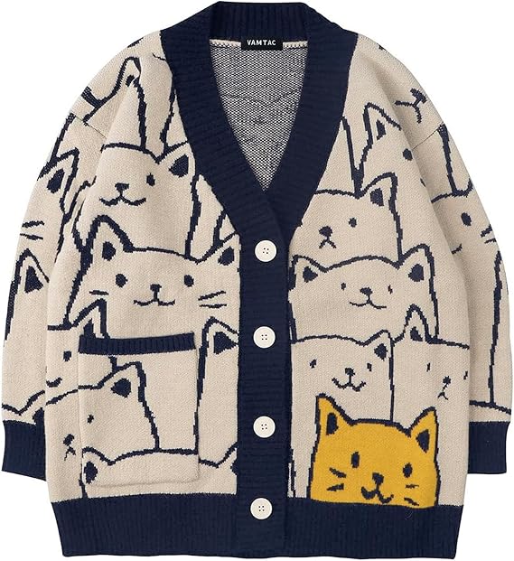 Vamtac Cat Cardigan Sweaters for Men Fall V-Neck Cardigans 2026 Oversized Button Long Sleeve Sweater