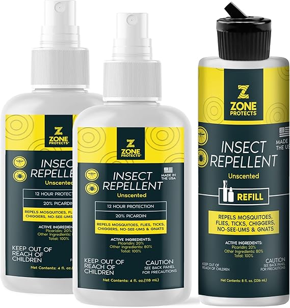Zone Protects Unscented Picaridin Insect Repellent Spray 2-Pack + Refill, DEET-Free, Picaridin Based,12-Hour Protection, Repels Ticks, Gnats, Mosquitoes