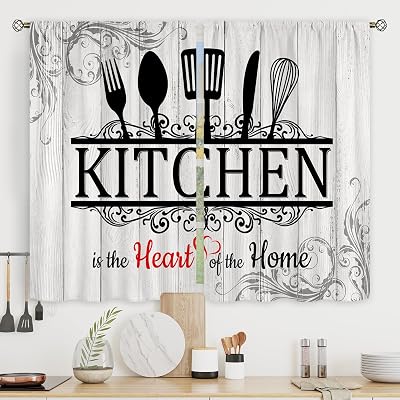Riyidecor Black White Rustic Kitchen Curtains Short Small Farm Country Modern Farmhouse Rod Pocket Fork and Spoon Kitchenware Bedroom Living Room Treatment Fabric 2 Panels 26Wx36H Inch