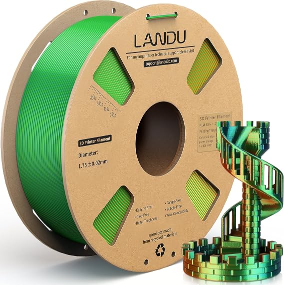 LANDU Silk Tri-Color PLA Filament 1.75mm 1Kg, Triple Color Silk PLA Filament, Silk PLA Filament, Neatly Wound 3D Printer Filament, 3 in 1 Multi Color Filament +/-0.02mm, Silk Blue Green Orange