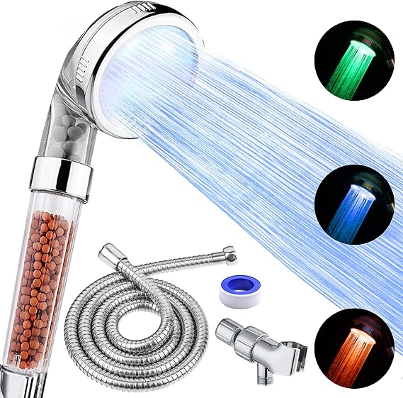 FASTRAS LED Shower Head with Handheld, Shower Head High Pressure Shower Head with Hose & Holder, 3 Water Temperature-Controlled Water Saving Filtered Shower Head for Dry Hair & Skin