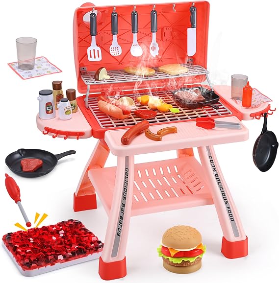 CUTE STONE Children's BBQ Grill Toy Kitchen Set Realistic Smoke BBQ Grill Play Set with Toy Kitchen Accessories Barbecue per Bambini Pink