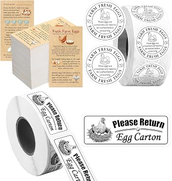 3 in 1 Total 1200pcs Fresh Farm Egg Egg Stickers Set Include 500pcs Farm Fresh Eggs Carton Labels 200pcs Handling Instruction Cards 500pcs Please Return Eggs Carton Labels Stickers