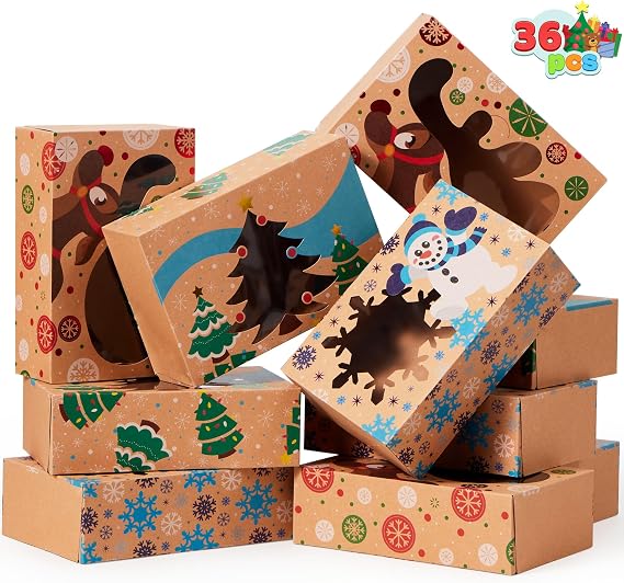 JOYIN 36PCS Christmas Cookie Boxes for Gift Giving, 8.5" x 5.75" x 2.75" Xmas Holiday Treat Cookie Tin with Window, 3 Designs Brown Foiled Kraft Bakery Boxes for Pastries, Cupcakes, Brownies, Doughnut