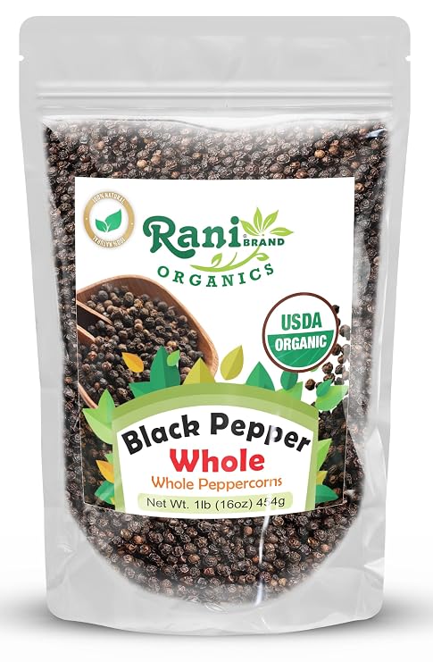 Rani Organic Black Pepper Whole (Peppercorns), Premium MG-1 Grade 16oz (1lb) 454g ~ All Natural | Gluten Friendly | Non-GMO | USDA Certified Organic | Kosher | Product of Vietnam