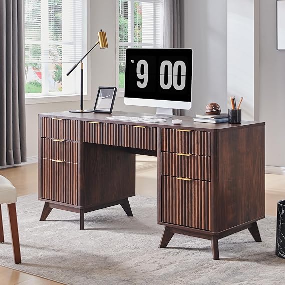 T4TREAM 60" Modern Fluted Executive Desk with Drawers, Dark Walnut