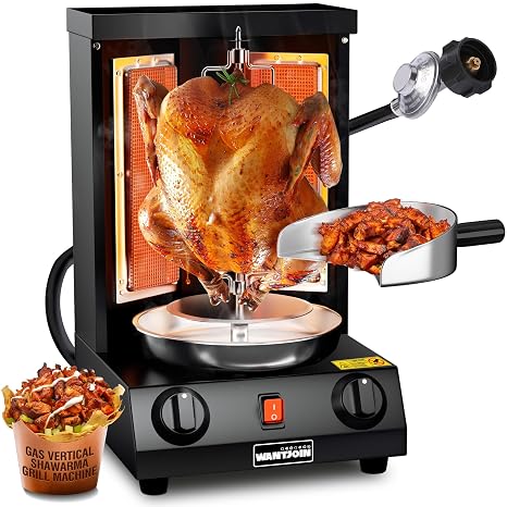 WantJoin Shawarma Grill Machine, 22 lbs Capacity, Gas Vertical Rotisserie with 2 Burners for Home, Countertop Rotating Doner Kebab Oven Broiler Gyro Maker with Shovel, 110V