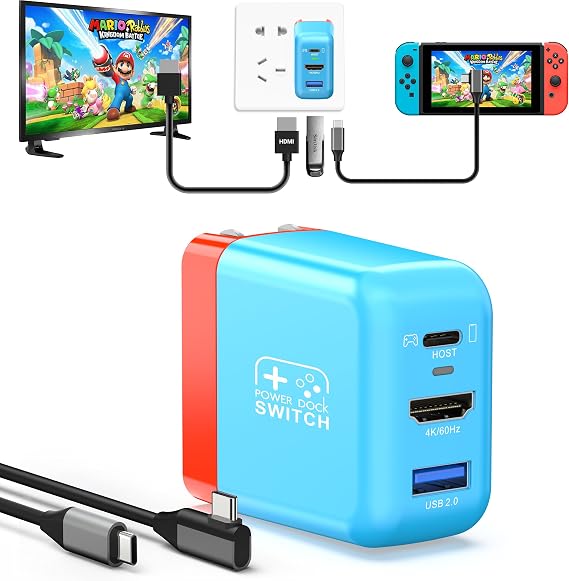 RREAKA Portable Switch Dock Charger for Nintendo Switch/OLED, Ideal for TV Docking Station with 4K@60Hz HDMI/USB2.0/PD USB-C Fast Charging Port and 4FT USB-C Cable (Blue, 30W)