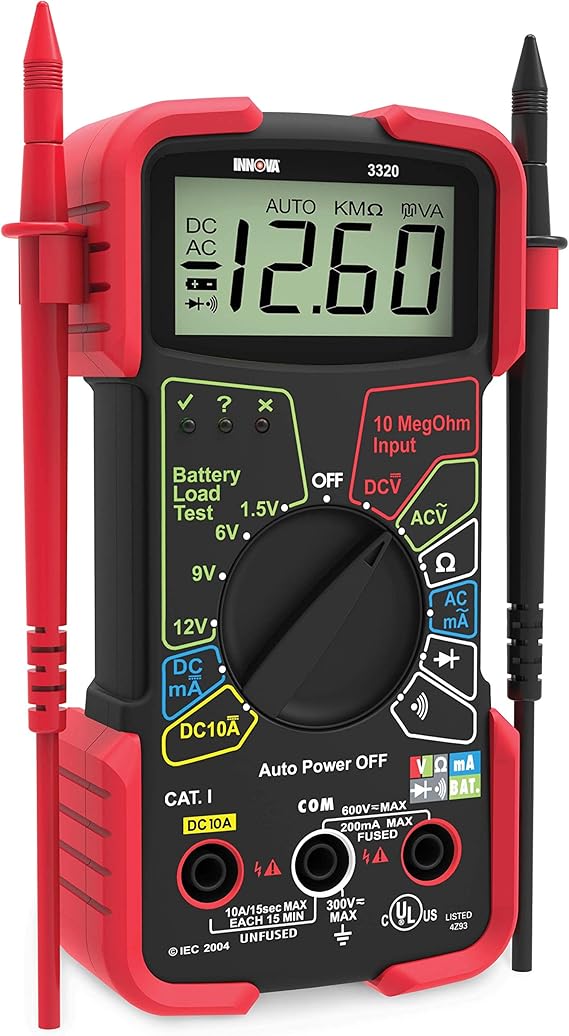 INNOVA 3320 Auto-Ranging Digital Multimeter, Red & Black | Automotive meter for car audio and car stereo install tools, checks voltage and resistance fast