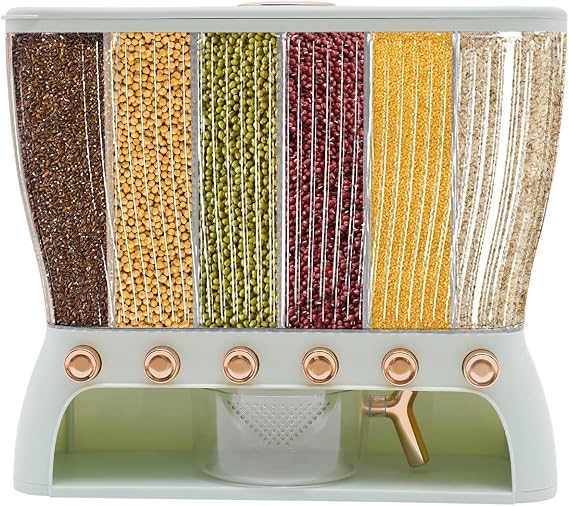 6 Grids Grain Dispenser, 360Rotating Grain Dry Food Dispenser Rice & Grain Storage Container Multigrain Tank Countertop Grains Container for Grains Snacks Candy Coffee Beans Food Light Green