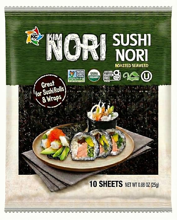 Kimnori Organic Roasted Seaweed Sushi Nori Sheets (10 sheets, 25g) Professional Grade Full Size Nori for Sushi & Kimbap California Crafted, Keto & Vegan Superfood USDA Organic, Non-GMO & Gluten-Free
