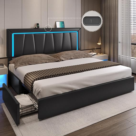 DICTAC King Bed Frame with 4 Storage Drawers and LED Lights, Faux Leather Platform Bed Frame King Size with Headboard and Type-C & USB Charging Station,Solid Wooden Slats, No Box Spring Needed, Black