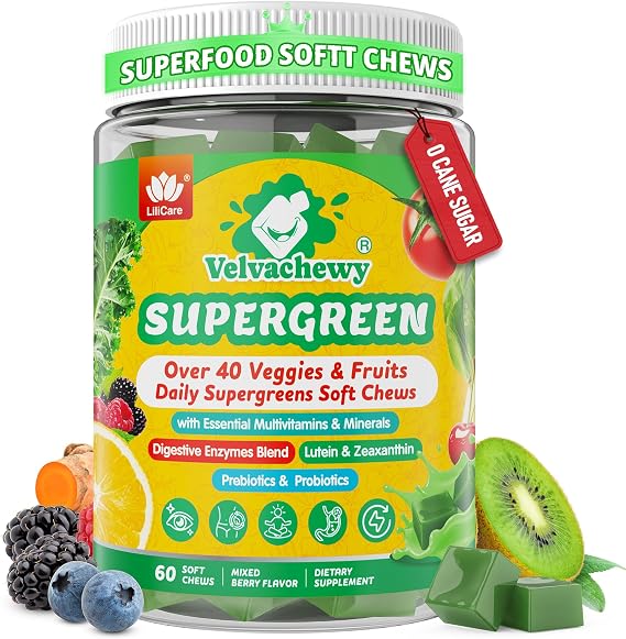 Greens Gummies for Picky Teens & Adults - Greens Superfood Multivitamin Gummies w/ 40+ Fruits & Veggies, Lutein, Enzymes & Fiber, Supergreen Chews for Immunity, Energy, Digestion, Gut & Vision, 1 Pack