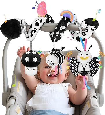 Spiral Car Seat Toys for Babies, 0-6 Months Stroller Pram Activity Hanging Toys High Contrast Black and White Sensory Toy, Newborn Soft Plush Travel Toy for Newborn Boys Girls Gift