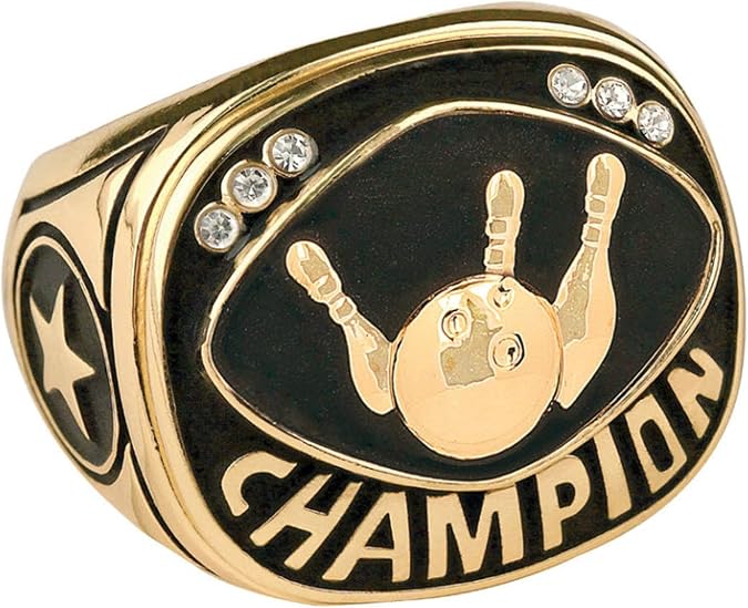 Express Medals Champion Bowling Trophy Ring in Sizes 6 to 15 with Award Display Stand Case and Neck Display Ball Style Chain