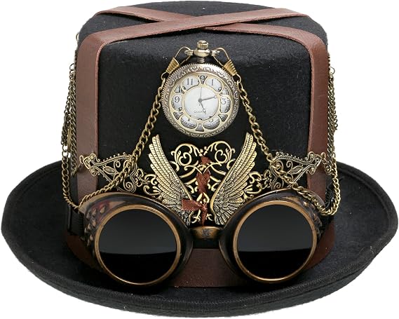 Time Steampunk Clock Top Hat with Removable Goggles and Pocket Watch Charm Steam Punk Gears Black