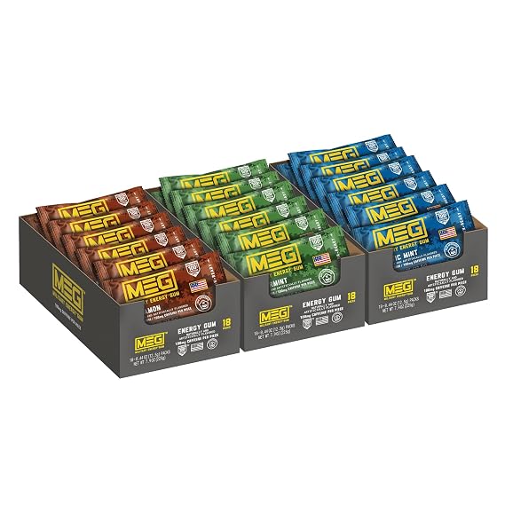 MEG (Military Energy Gum) - Cinnamon, Spearmint & Arctic Mint Bundle | Enhance Physical Performance -100mg of Caffeine Per Piece, Boost for Workouts, Alternative to Caffeinated Drinks | Pack of 18
