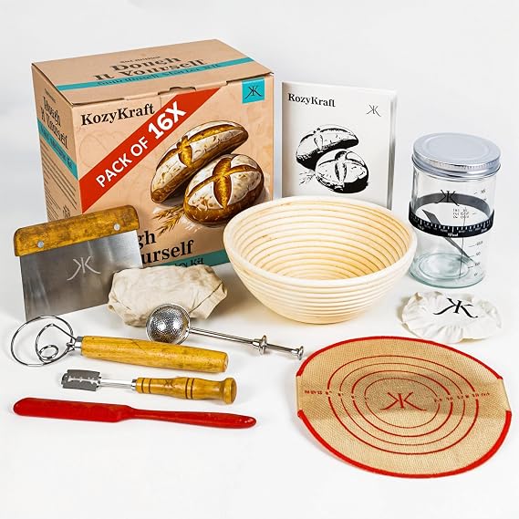 KozyKraft Sourdough Starter Kit Bread Baking Supplies, Banneton Basket, Whisk, Lame, Scraper Beginner-Friendly Artisan Bread Making Set