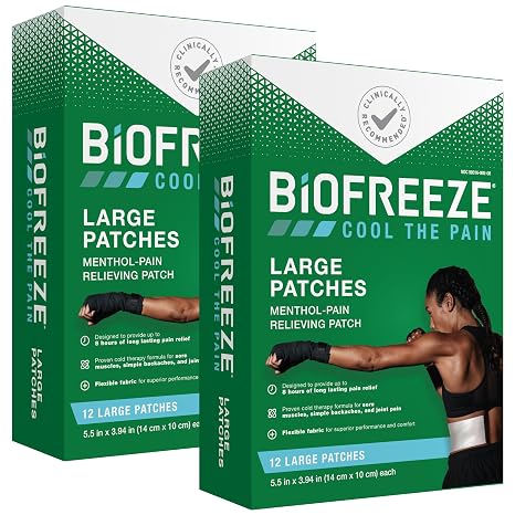 Biofreeze Large Patches, Menthol Patches for Lower Back, Neck, Knee, Shoulder, Comfortable & Flexible Fabric Stays in Place, 12 Count (Pack of 2)