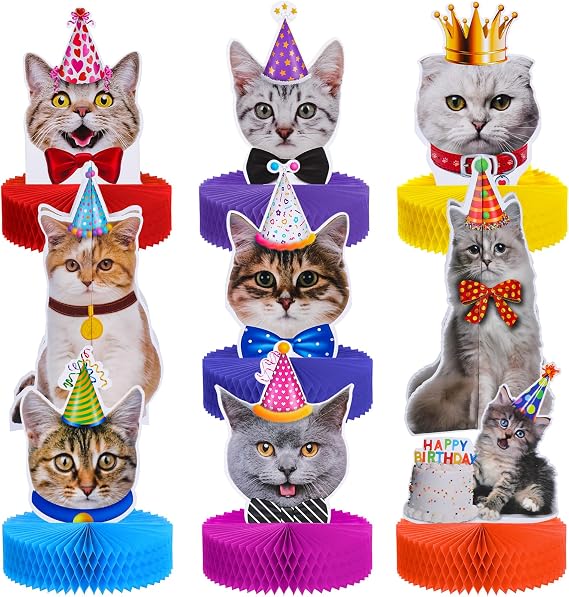 Teling 9 Pcs Cat Birthday Party Decorations Honeycomb Centerpieces