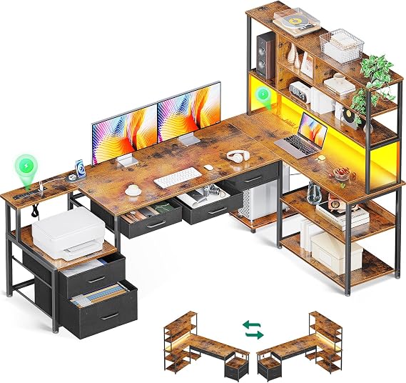 AODK 79 inch L Shaped Desk with 5 Drawers, LED Light & 2 Power Outlets