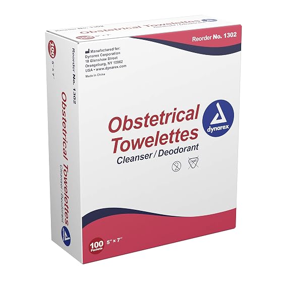 Dynarex 5 x 7" Obstetrical Towelettes - Benzalkonium Chloride Wipes with 5% Alcohol - Pre-Moistened, Scented & Individually Wrapped Sanitizing Wipes - 1 Box of 100 Wipes