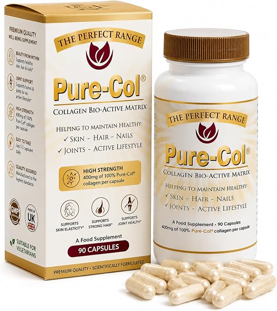 Pure-COL Collagen 90 Capsules 400mg Bio-Active Matrix High Strength Collagen Tablets, Effective Supplements for Internal Ageing, Boosting Skin, Hair, Nails Muscle & Joints