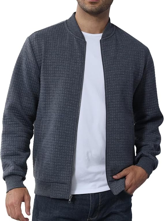 YuKaiChen Mens Lightweight Bomber Jacket Casual Plaid Jacquard Varsity Jacket Coat with Zipper Pockets