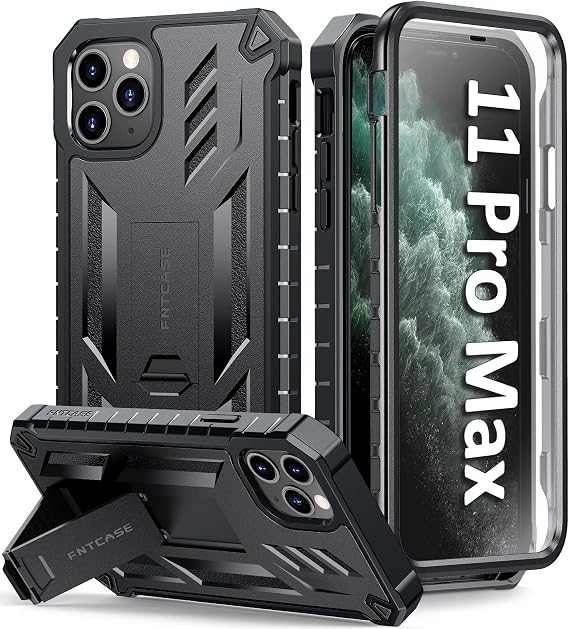 FNTCASE for iPhone 11 Pro Max Case Built-in Screen Protector&Kickstand