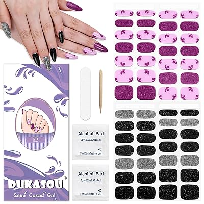 Semi Cured Gel Nail Strips 2 Set, Glitter BlackPowder 56 Pcs Gel Nail Wraps Stickers, Works with Any UV Lamps,Long Lasting,Salon-Quality, Easy to Apply