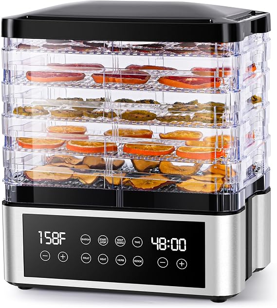 Food Dehydrator Machine with One-Touch Food Presets, 5 Stackable Drying Trays, 48H Digital Timer, 95-167F Temperature Control, Compact BPA-Free Dehydrator for Jerky, Fruit, Herbs & Dog Treats