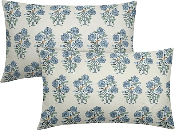 Sweetshow Blue Green Floral Throw Pillow Covers 12x20 Chinoiserie Flowers Leaves Birds Decorative Lumbar Pillows Outdoor Linen Farmhouse Cushion Case Pillowcase for Sofa Bed Room Decor Set of 2