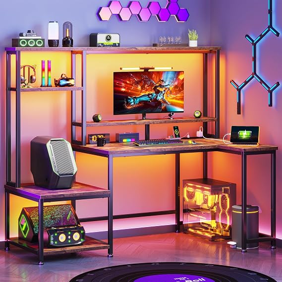 DurayLoly 55 Computer Desk with Hutch and Printer Shelf for Corner,Brown