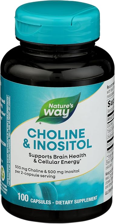 Nature's Way Choline & Inositol, Brain Health*, Cellular Energy*, 1,000 mg per Serving, 100 Capsules | Choline and Inositol Supplement, Healthy Brain Function and Cellular Energy Support*, 500mg per 2-Capsule Serving