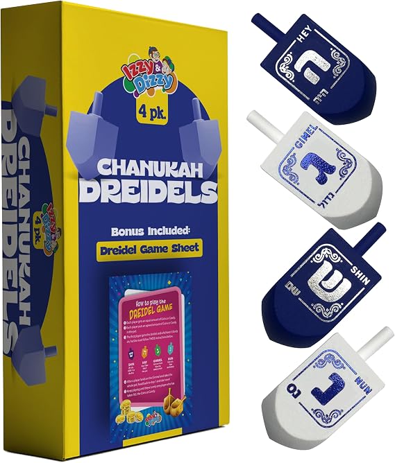 Izzy 'n' Dizzy Hanukkah Dreidels - Blue and White Wooden Dreidel - 4 Pack Medium - Hand Painted - Game Instructions Included