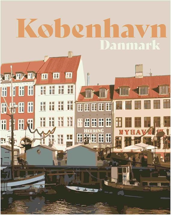 Copenhagen Denmark Vintage Style Travel Poster, Copenhagen Print, Denmark Art, Nygavn Denmark Poster (Poster, 24x36 Inches)