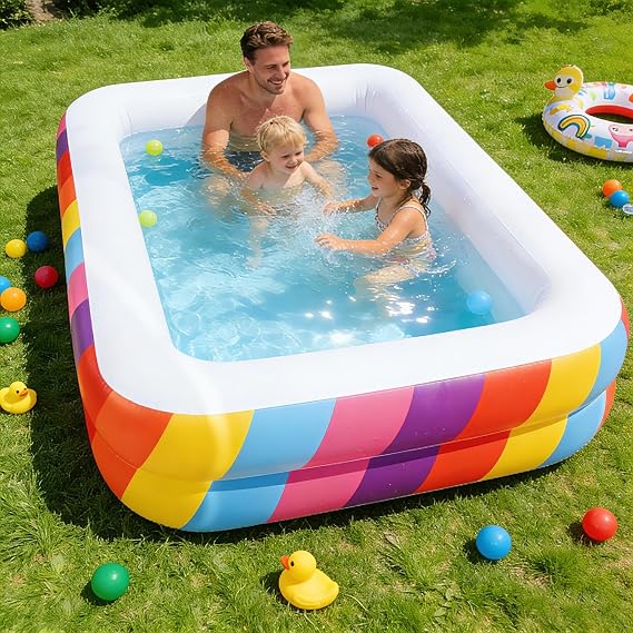 Kids Splash Pool Inflatable 74" Rectangular, Large BPA-Free PVC Kiddie Pool with Drain Plug for Ages 3-12