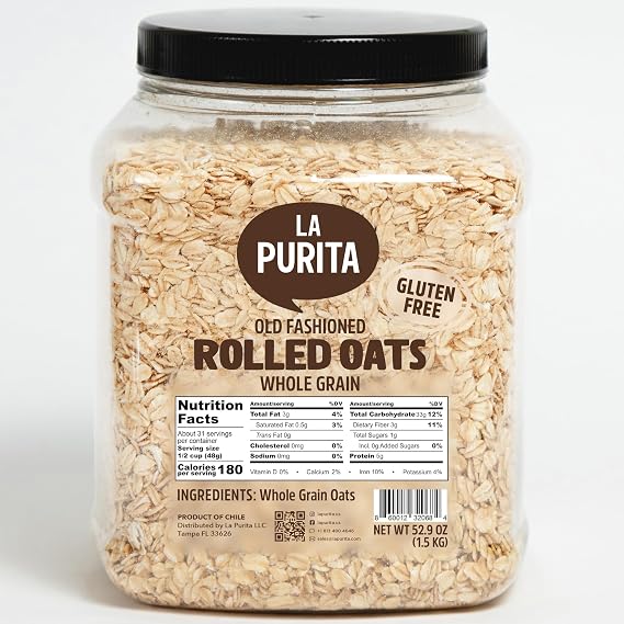 La Purita 100% Gluten Free Old Fashioned Rolled Oats, 3.3 lb (53 oz) | Non-GMO Whole Grain Oatmeal, High-Fiber, Nutrient-Rich, Perfect for Porridge, Baking & Smoothies