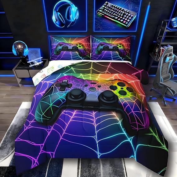 Gamer Bedding Set Rainbow Spider Web Kids Bedding Sets for Boys,Ball Game Consoles Boys Bedding Gothic Cobweb Sports Bedding Sets for Boy Queen,Gaming Decor for Boy Bedroom Decor Gamer Gifts