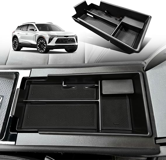 BestEvMod Center Console Organizer for 2023-2026 Chevy Blazer EV (Black) | Center Console Organizer Tray Armrest Storage Box ABS Material with PVC Trim & Removable Coin Holder